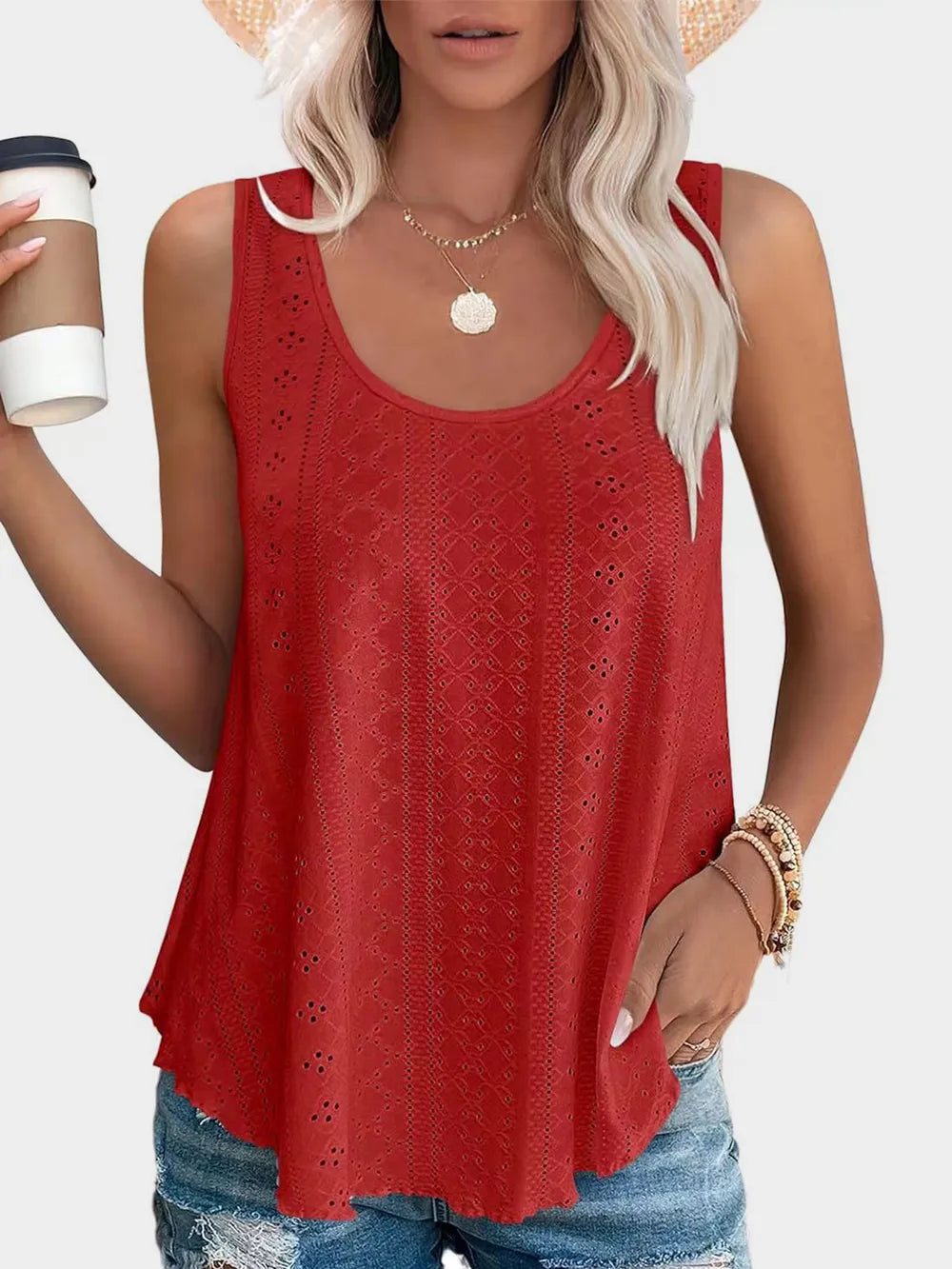 Florira Eyelet Round Neck Tank – Trendsi | ClozArt