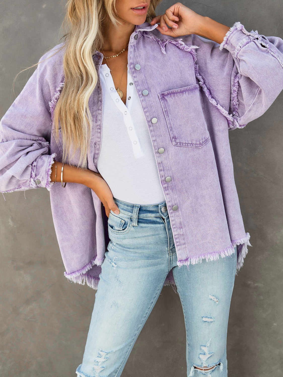 Button Down Raw Hem Denim Jacket – Trendsi | ClozArt