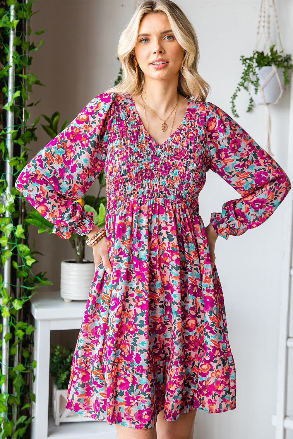 Floral Smocked V-Neck Flounce Sleeve Dress – Trendsi | ClozArt