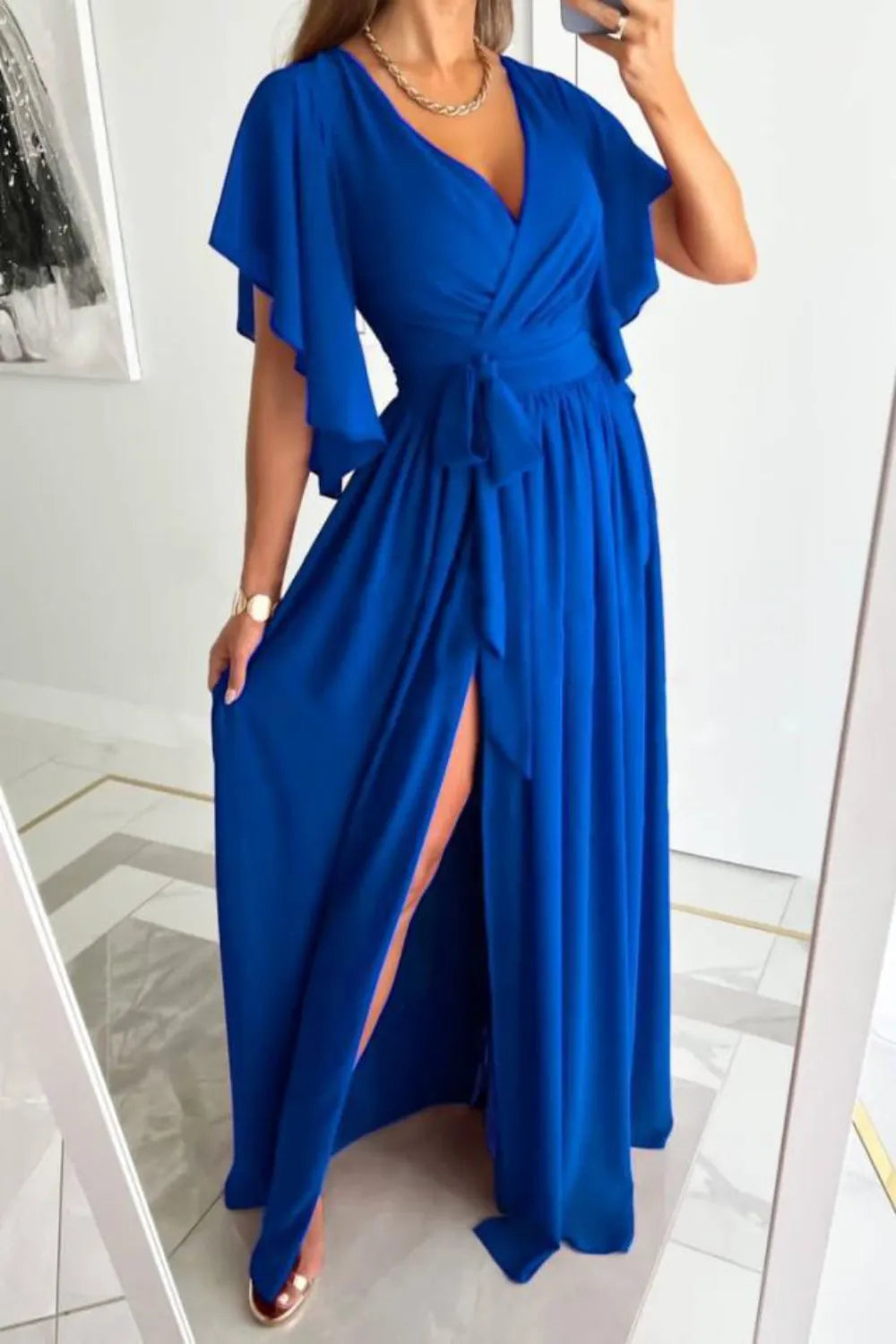 Surplice Flutter Sleeve Maxi Dress – Trendsi | ClozArt