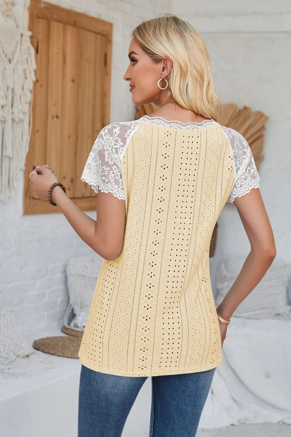 Eyelet V-Neck Lace Short Sleeve T-Shirt – Trendsi | ClozArt