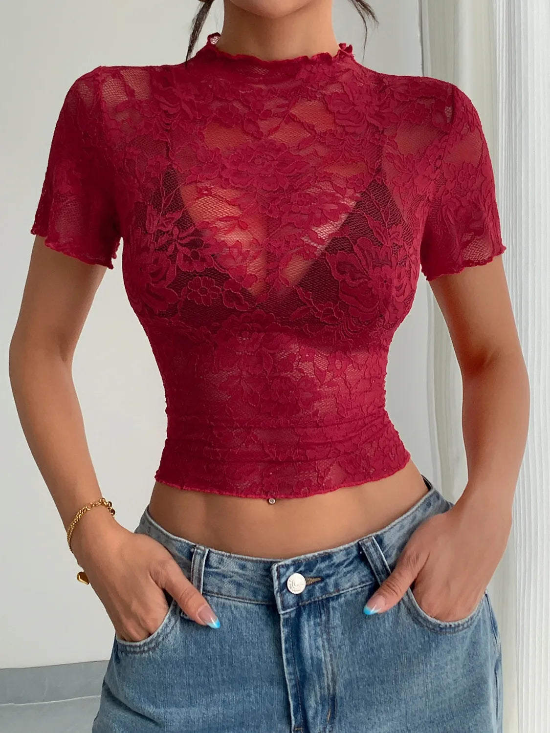 Lace Mock Neck Short Sleeve Top – Trendsi | ClozArt