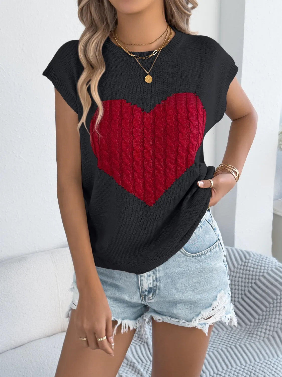 Cable Knit Heart Round Neck Cap Sleeve Knit Top – Trendsi | ClozArt