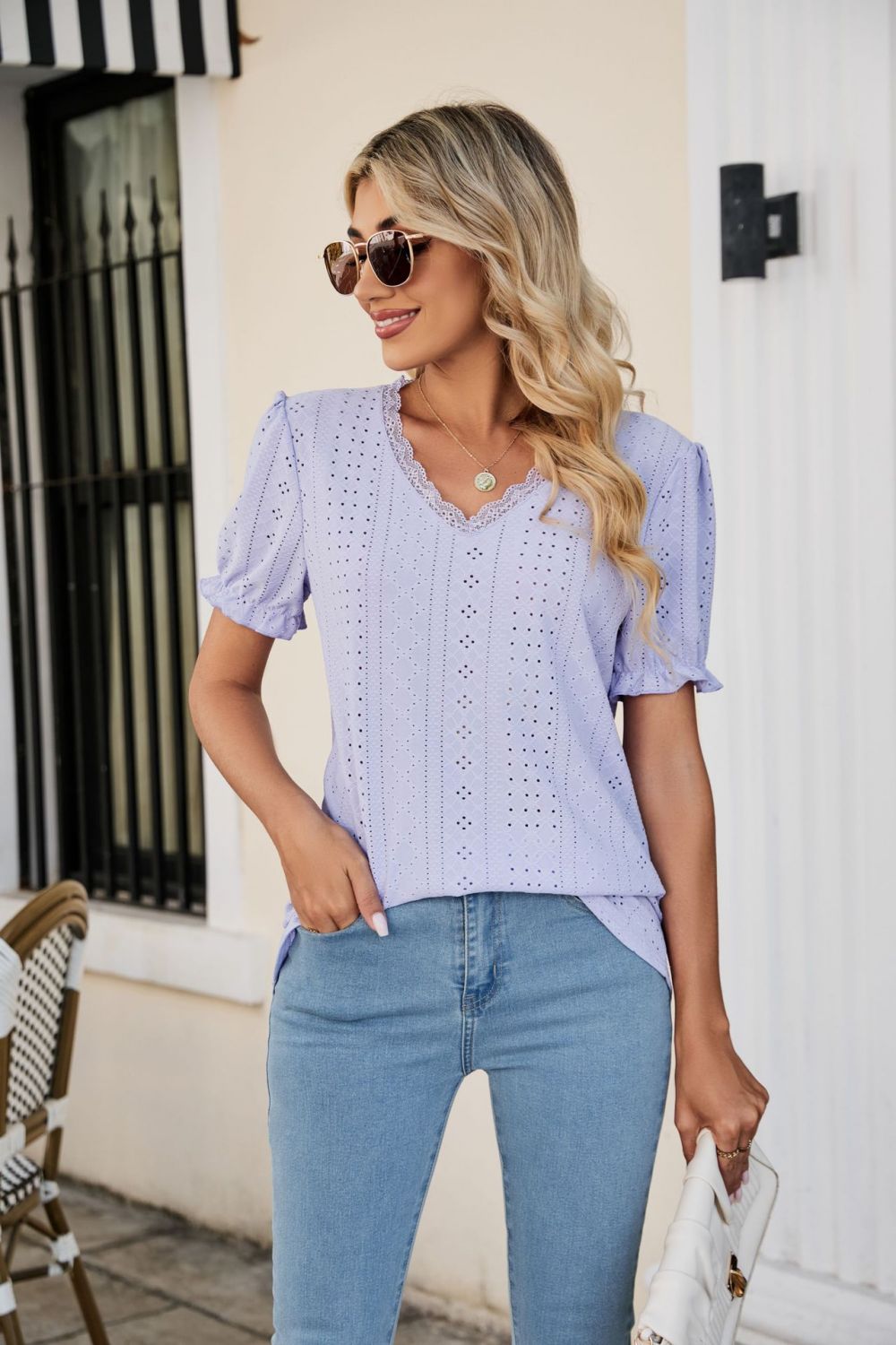Eyelet Flounce Sleeve Scalloped V-Neck Top – Trendsi | ClozArt