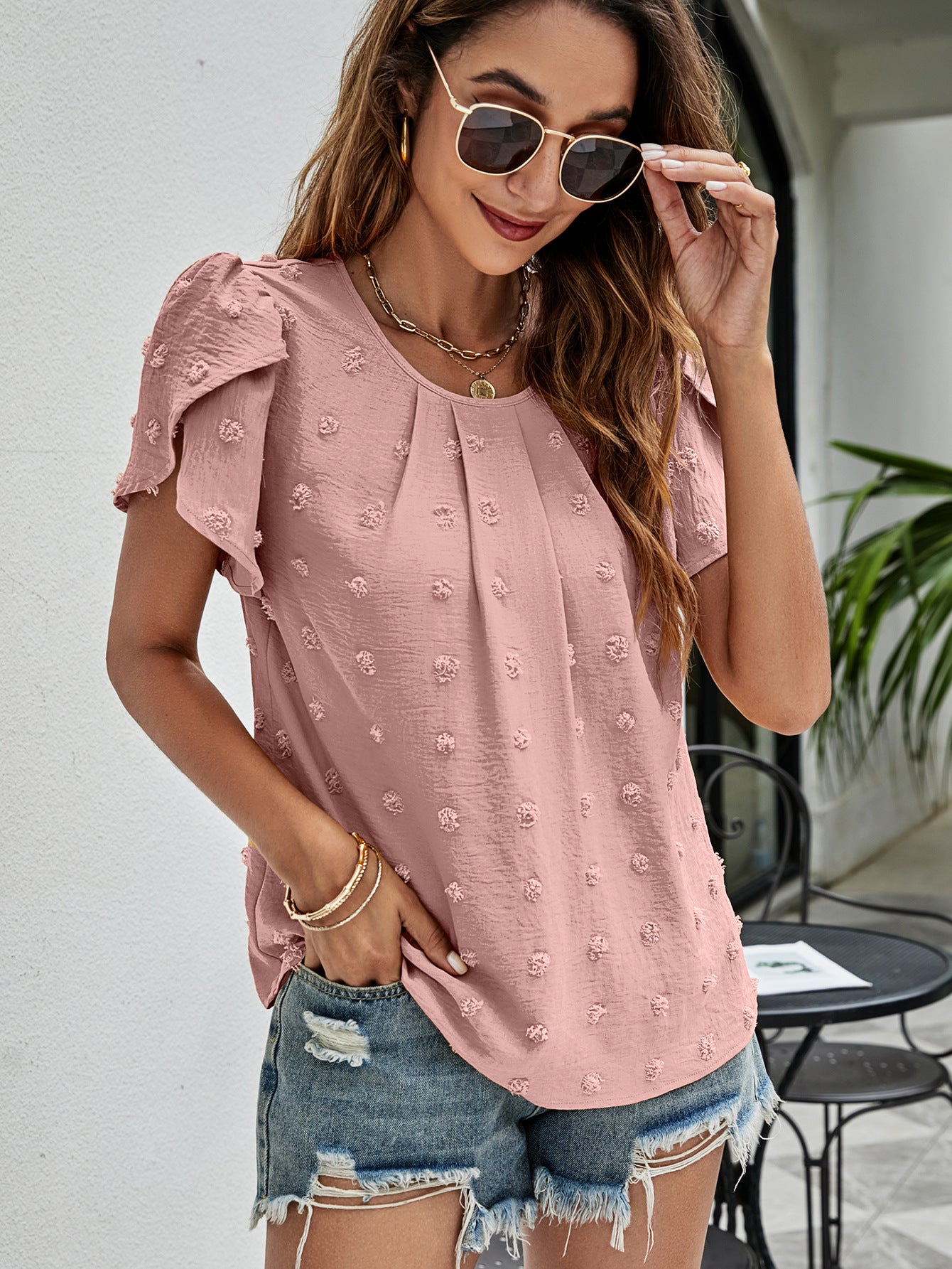 Swiss Dot Round Neck Petal Sleeve Top – Trendsi | ClozArt