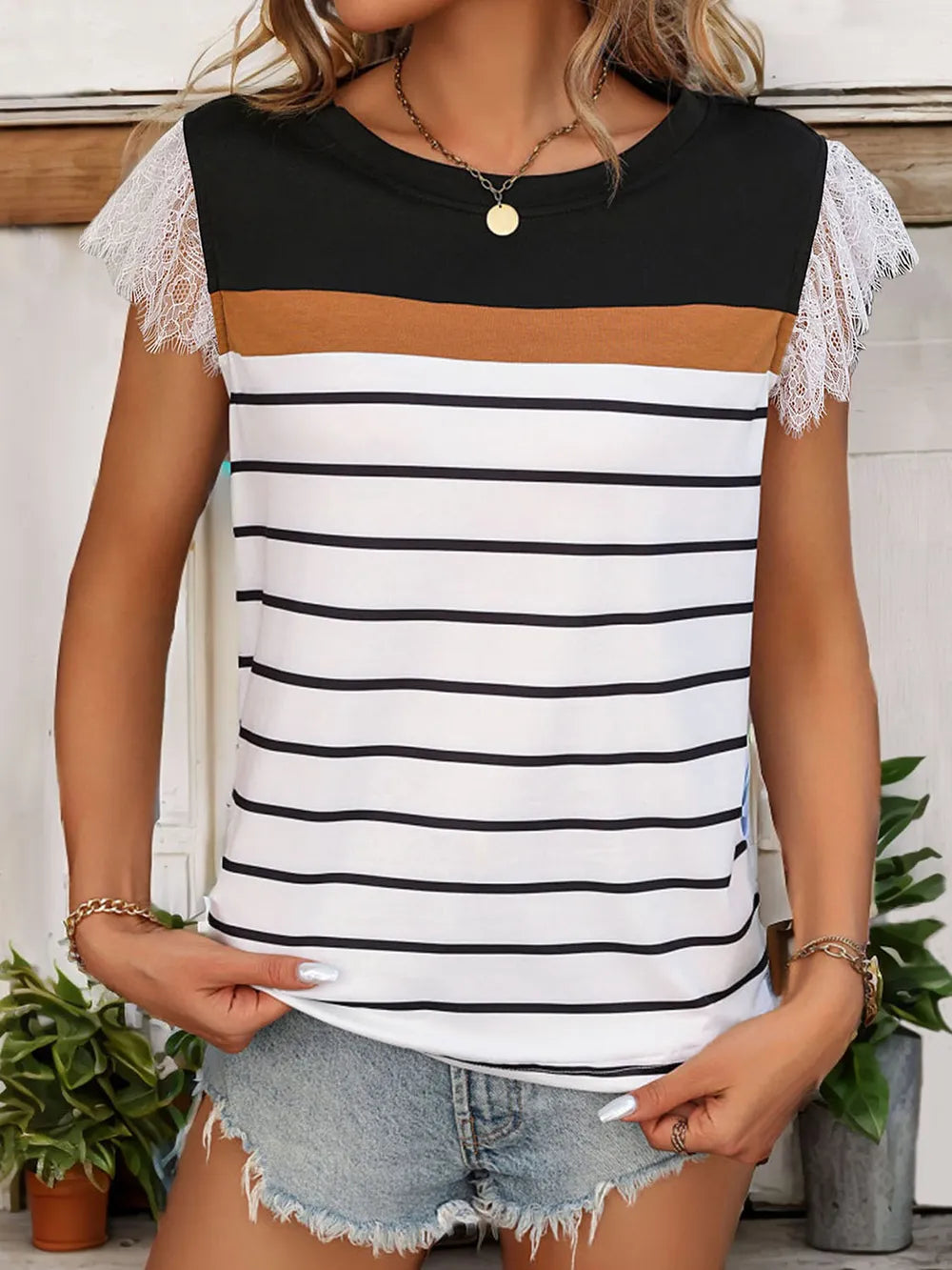 Perfee Lace Detail Striped Round Neck Cap Sleeve T-Shirt – Trendsi | ClozArt