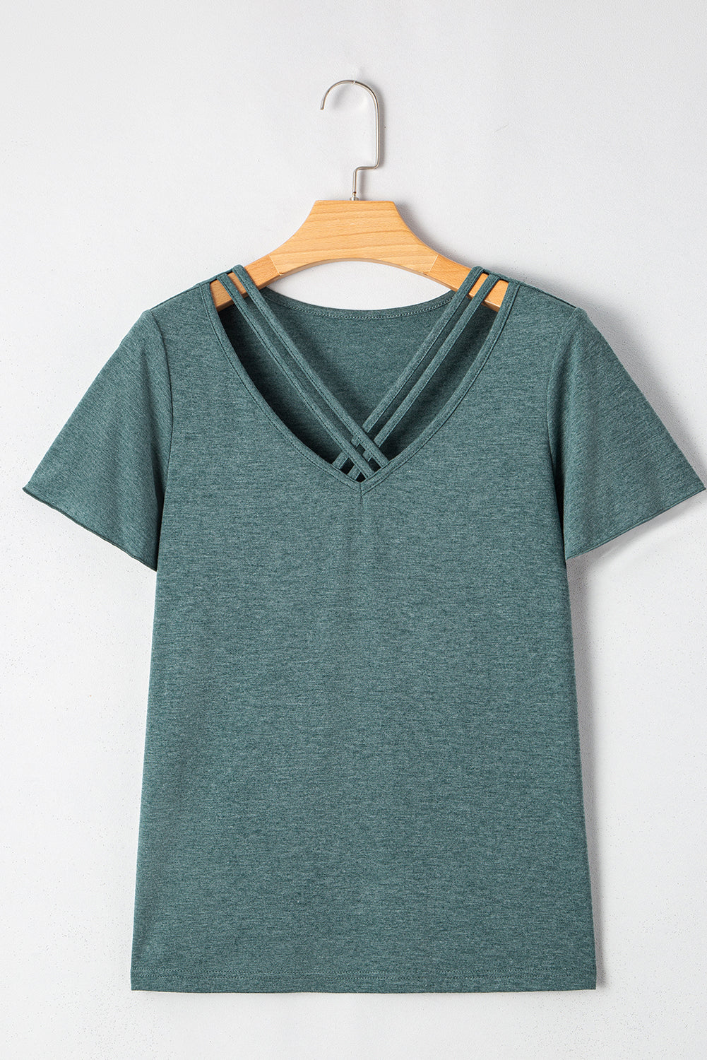 Mist Green Crisscross V Neck Flutter Sleeve T Shirt – Shewin | ClozArt