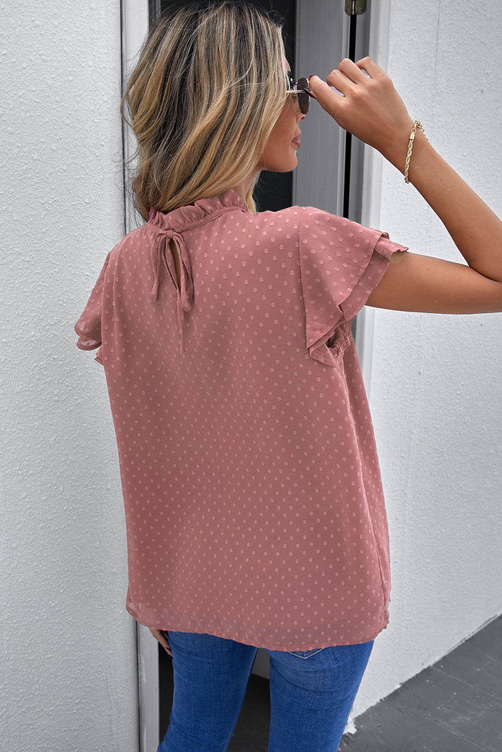 Polka Dot Smocked Flutter Sleeve Blouse – Trendsi | ClozArt