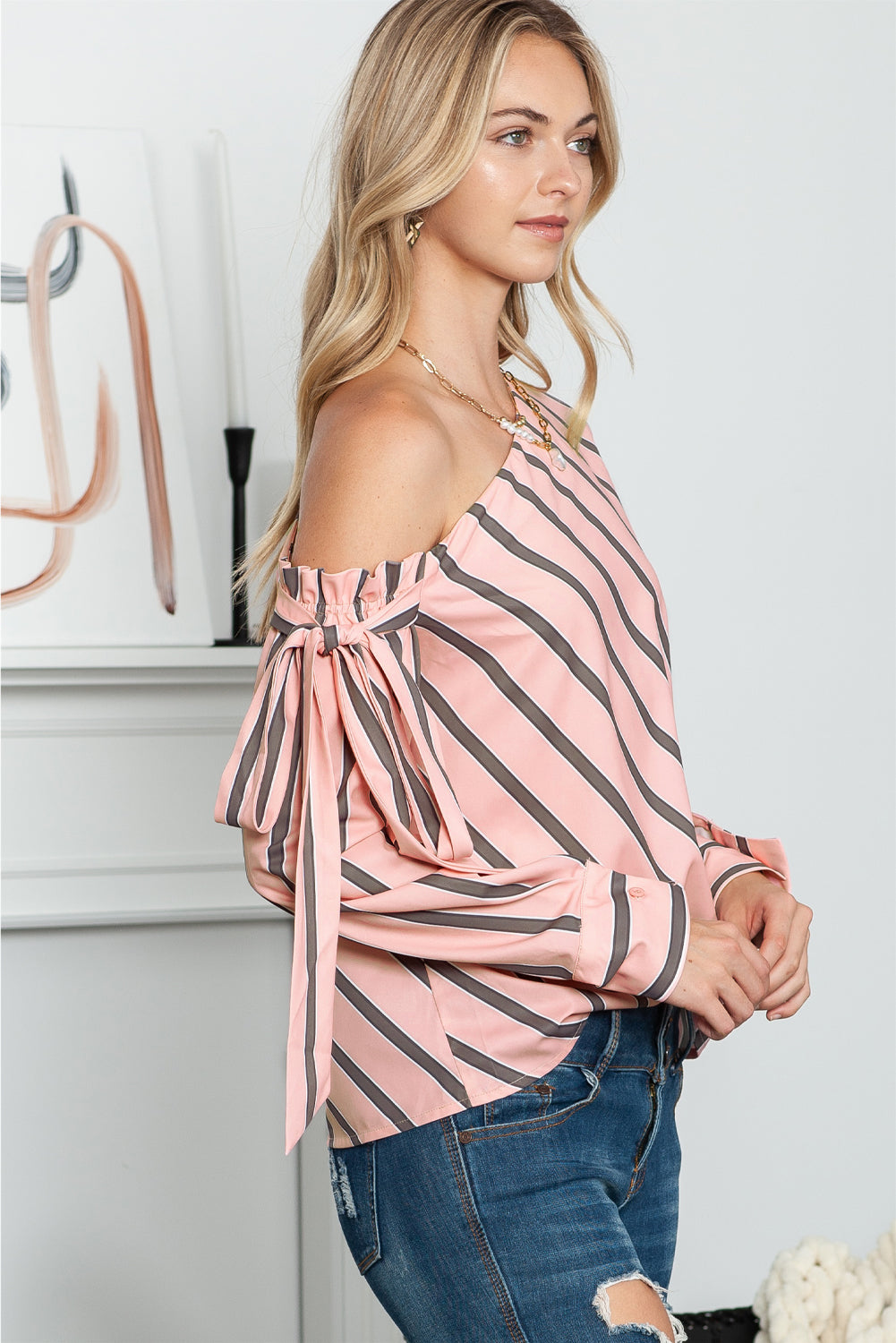 Striped Asymmetrical Long Sleeve Blouse – Trendsi | ClozArt