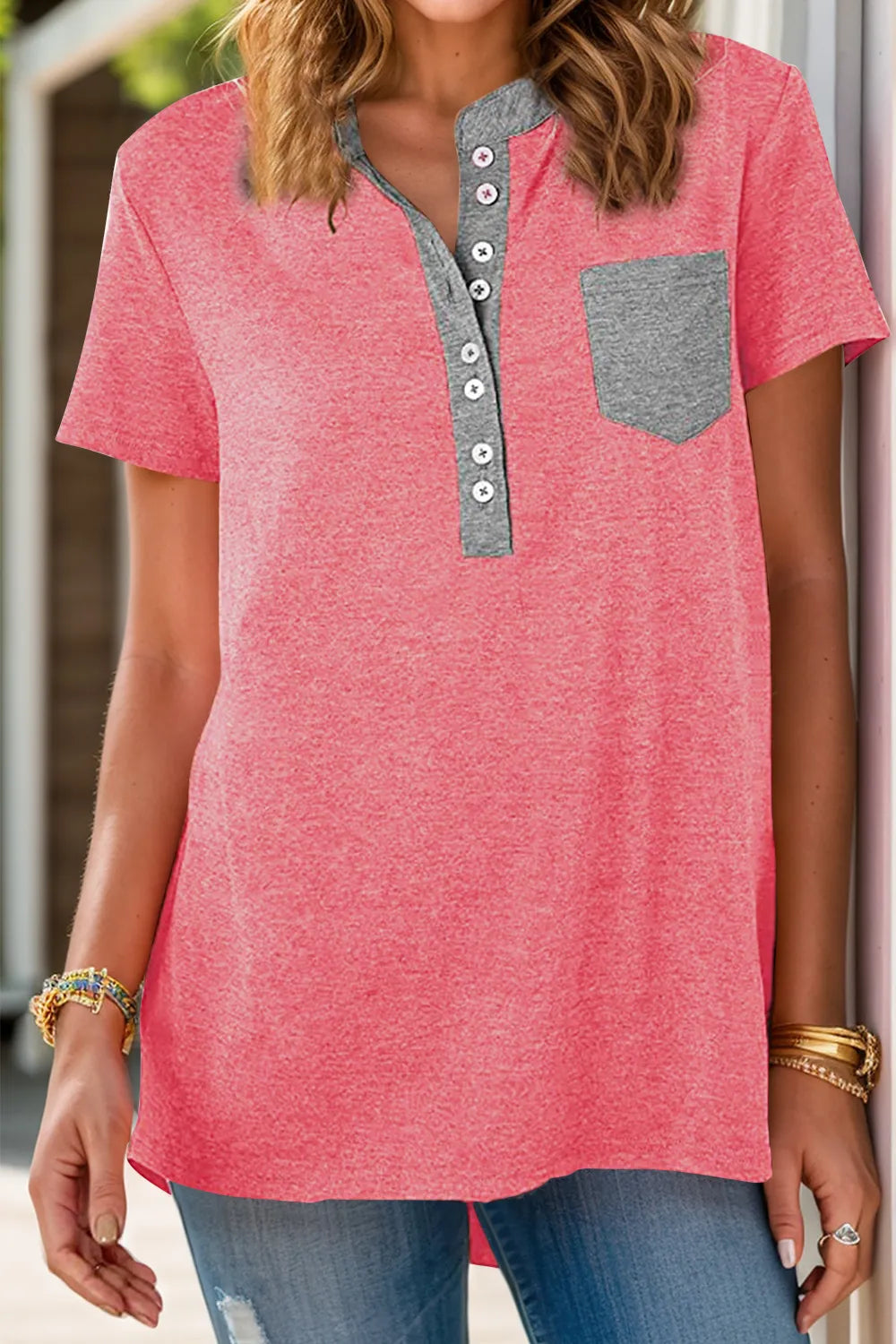 Full Size Half Button Short Sleeve T-Shirt – Trendsi | ClozArt