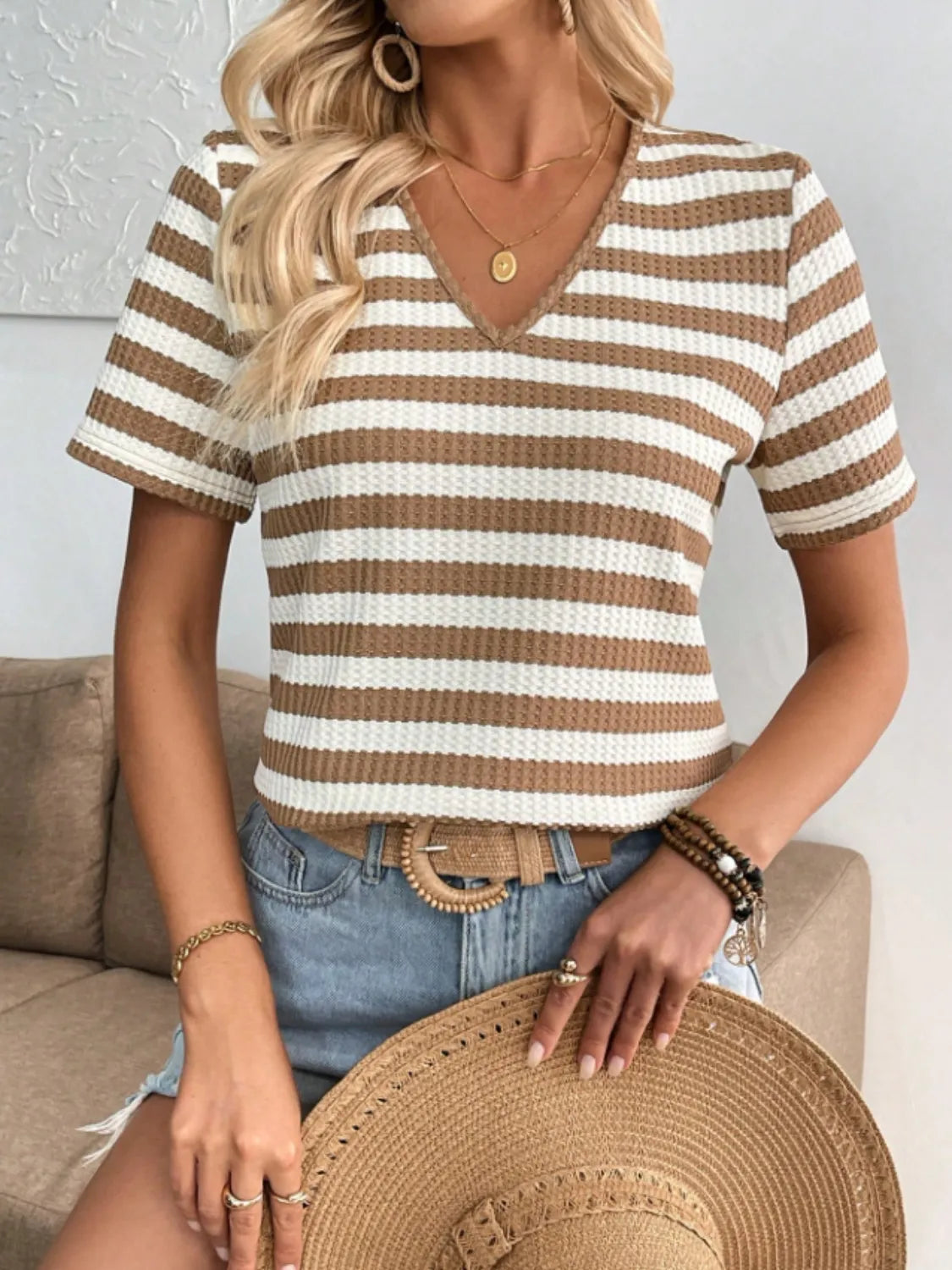 Striped V-Neck Short Sleeve T-Shirt – Trendsi | ClozArt
