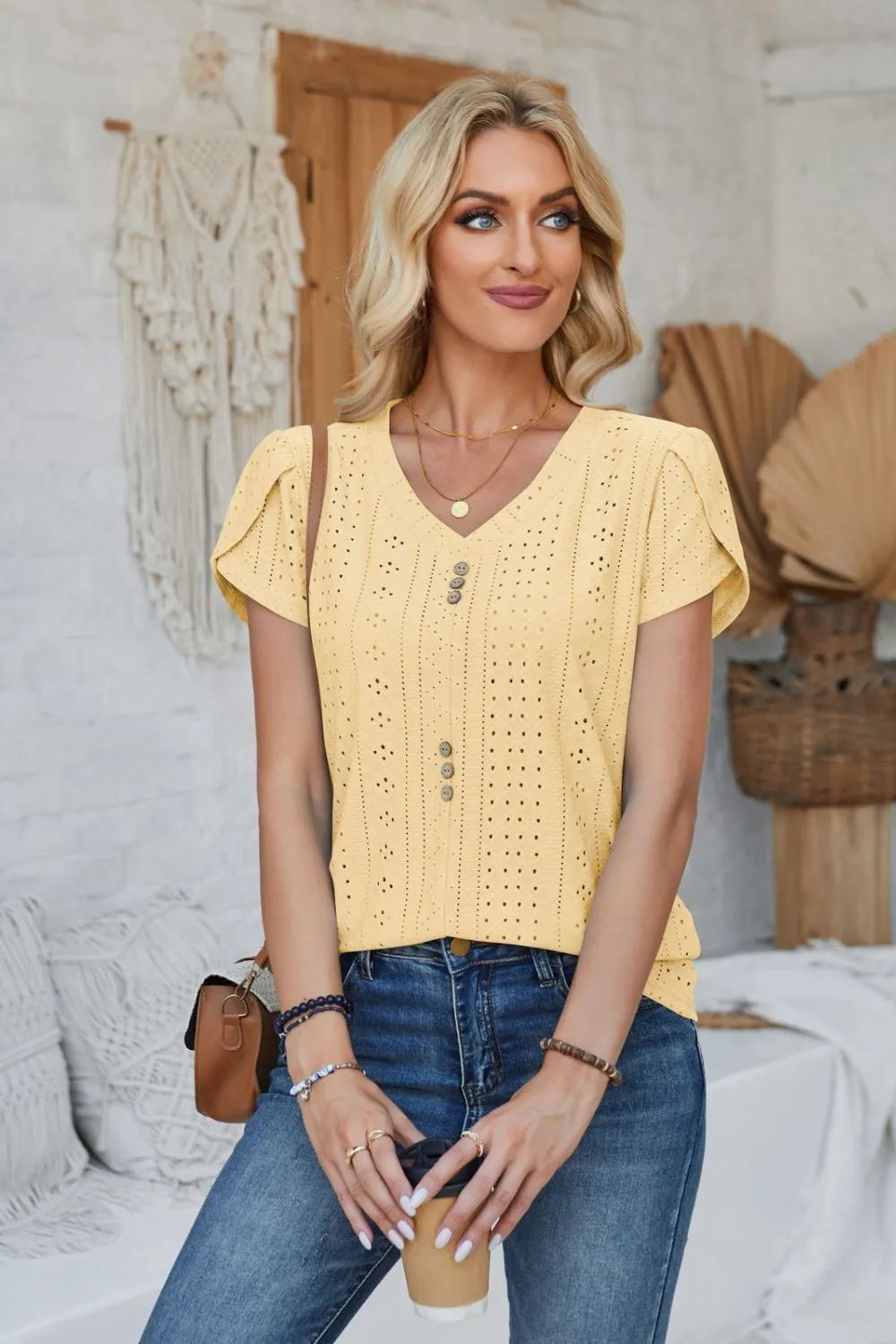 Decorative Button Eyelet V-Neck Short Sleeve T-Shirt – Trendsi | ClozArt