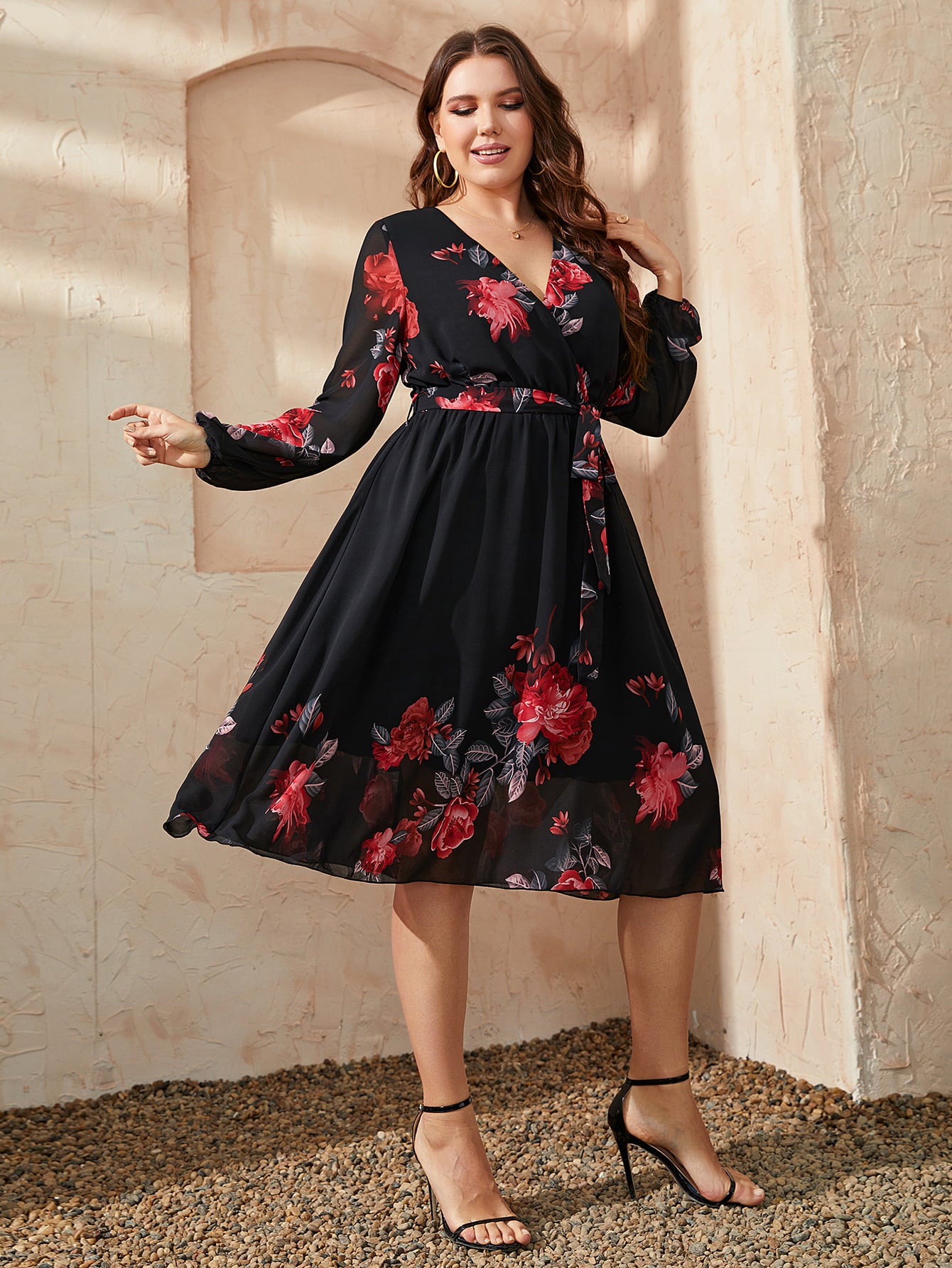 Honey Plus Size Floral Surplice Neck Tie Waist Dress – Trendsi | ClozArt