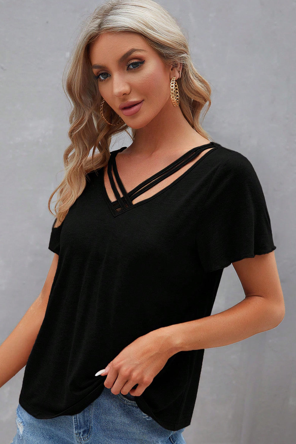Mist Green Crisscross V Neck Flutter Sleeve T Shirt – Shewin | ClozArt