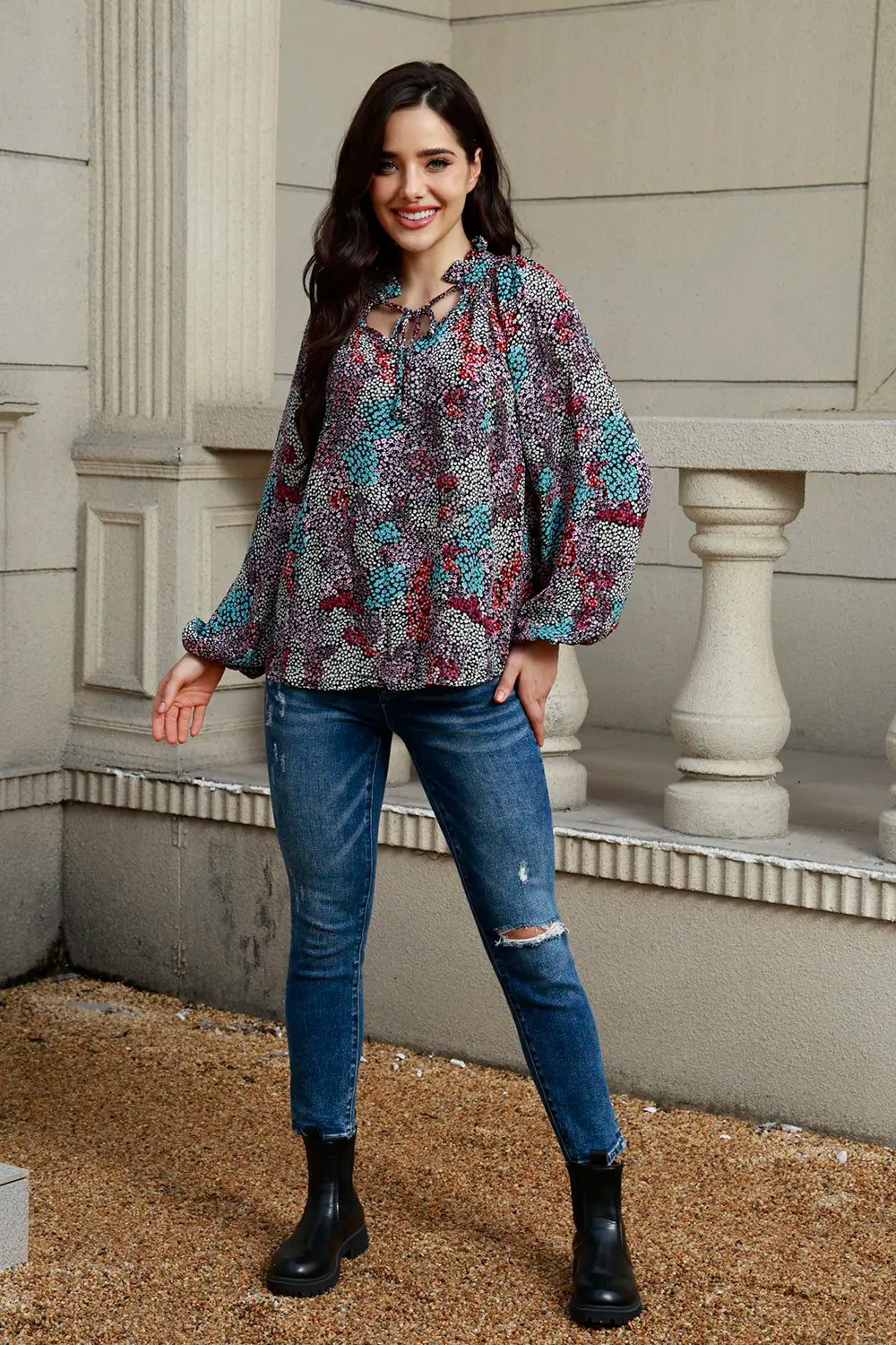Tie Neck Heathered Balloon Sleeve Blouse – Trendsi | ClozArt