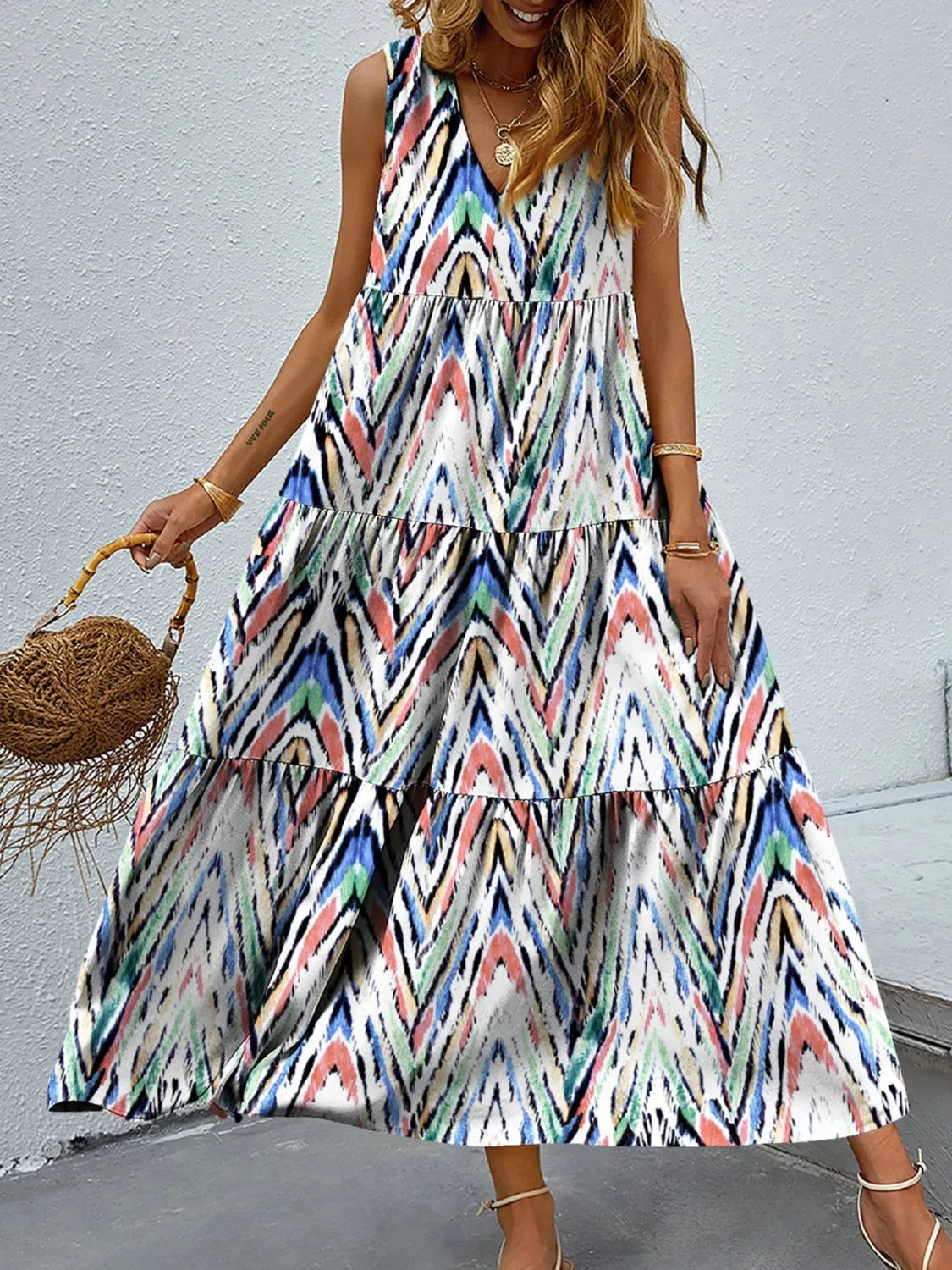 Printed V-Neck Tiered Maxi Tank Dress – Trendsi | ClozArt
