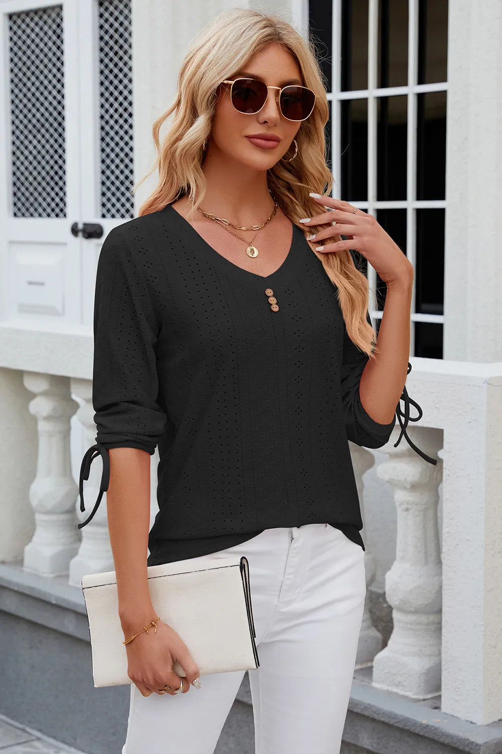 Eyelet Drawstring V-Neck Half Sleeve T-Shirt – Trendsi | ClozArt