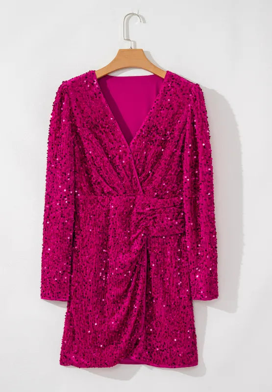 Sequin Surplice Long Sleeve Mini Dress – Trendsi | ClozArt