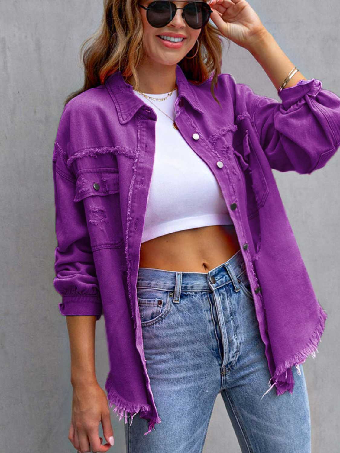 Distressed Drop Shoulder Denim Jacket – Trendsi | ClozArt