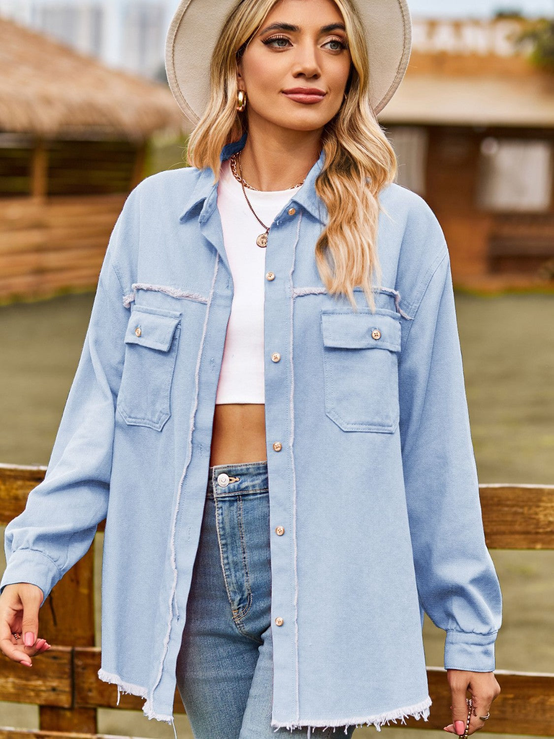 Button Up Collared Neck Raw Hem Denim Top – Trendsi | ClozArt