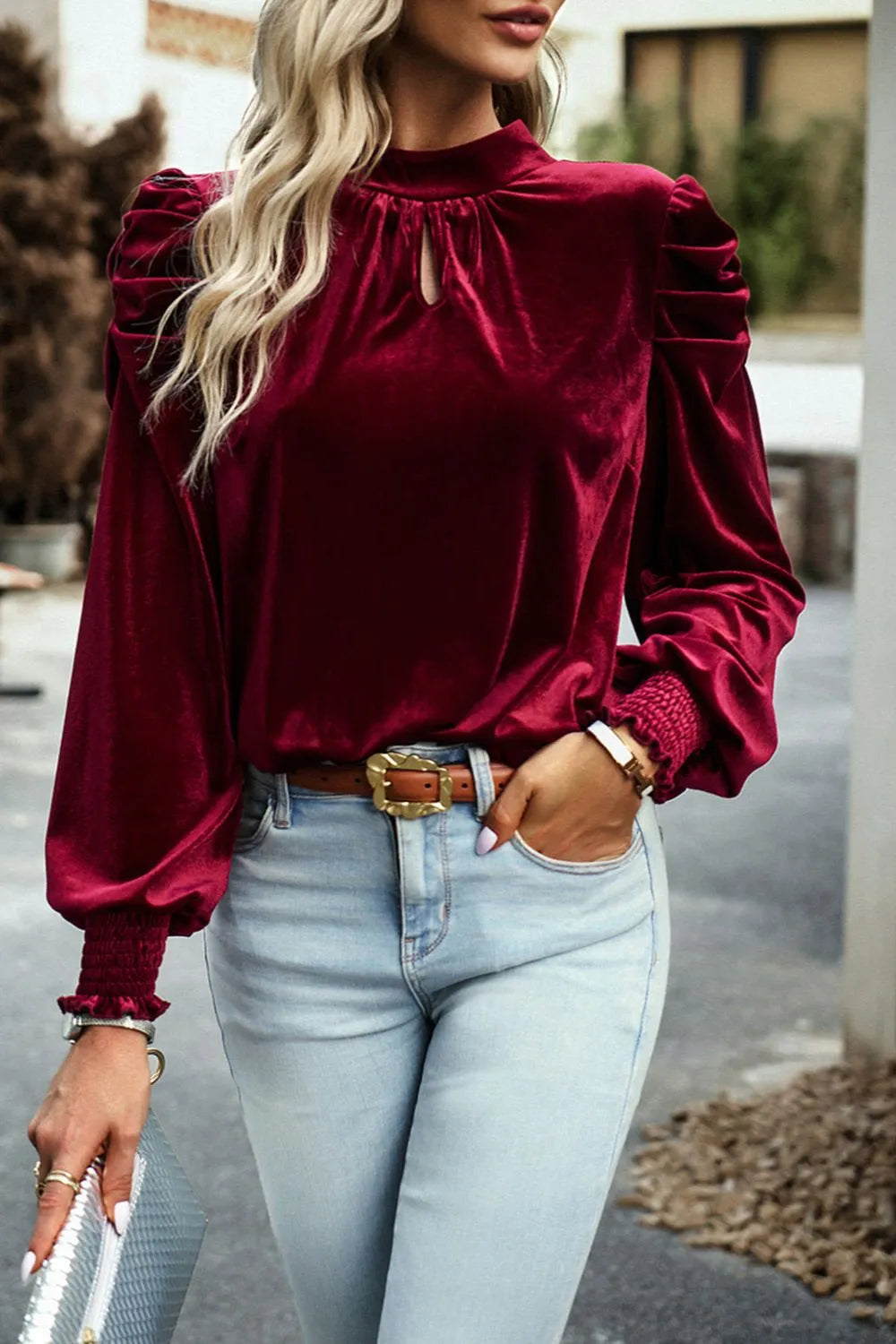 Tie Up Mock Neck Velvet Fabric Long Sleeve Blouse – Trendsi | ClozArt