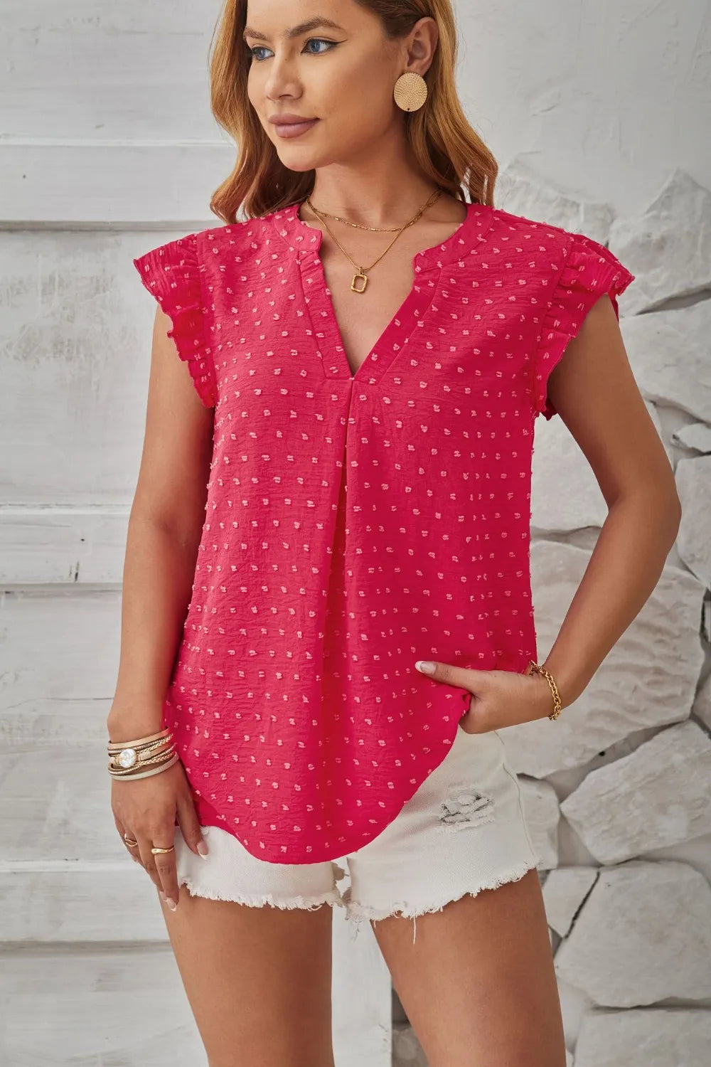 Swiss Dot Ruffled Cap Sleeve T-Shirt – Trendsi | ClozArt