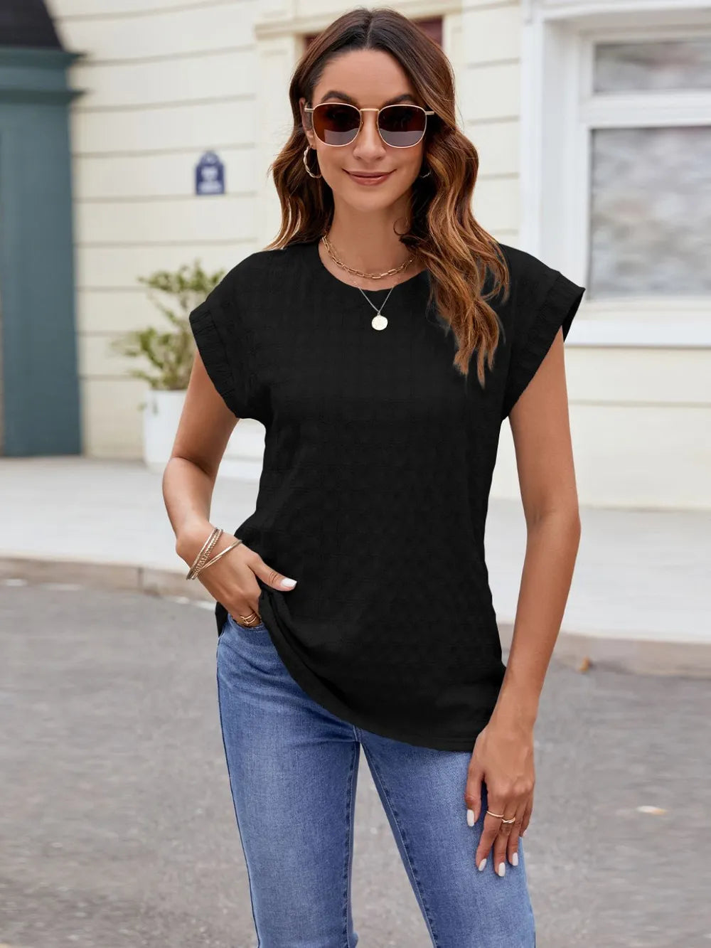 Textured Round Neck Cap Sleeve T-Shirt – Trendsi | ClozArt