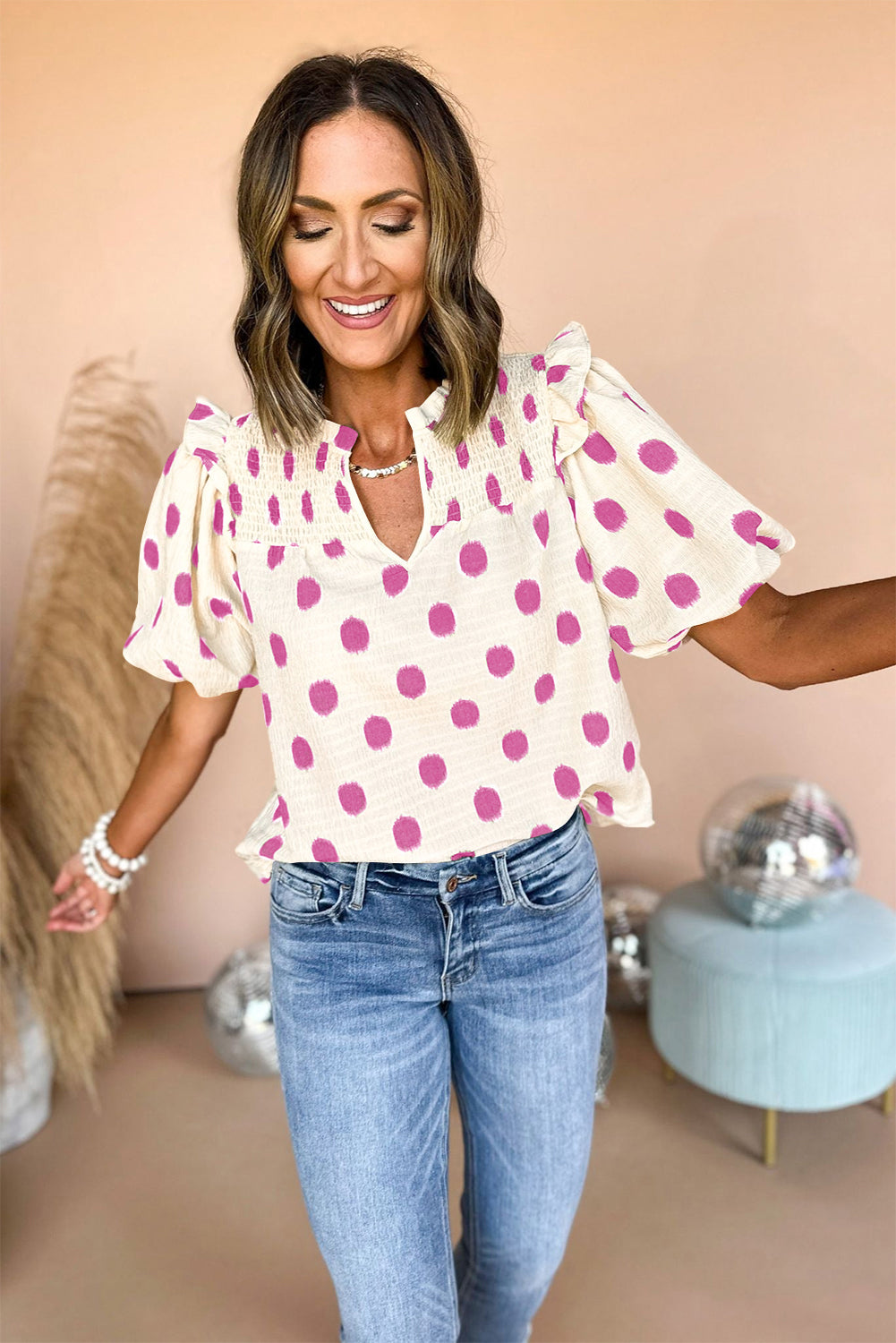 Black Polka Dot Print Smocked Notched Neck Balloon Sleeve Blouse – Shewin | ClozArt