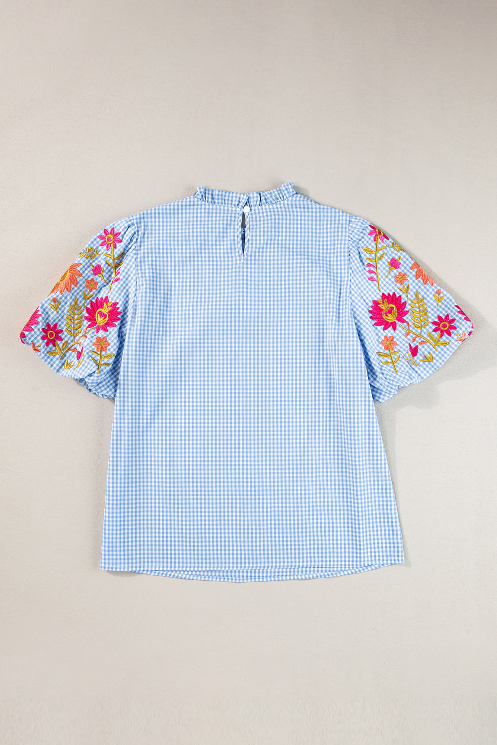 Light Blue Flower Embroidered Puff Sleeve Gingham Blouse – Shewin | ClozArt