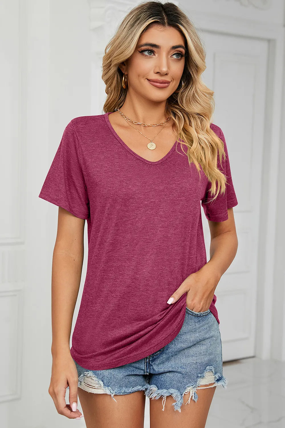 V-Neck Short Sleeve T-Shirt – Trendsi | ClozArt