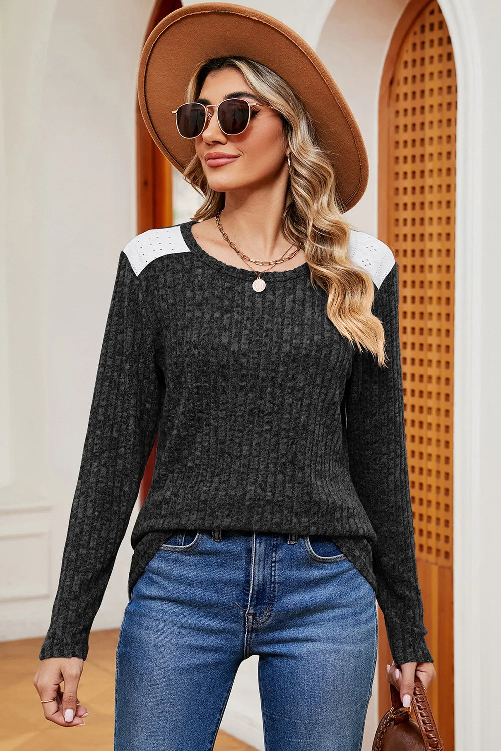 Eyelet Ribbed Round Neck Long Sleeve T-Shirt – Trendsi | ClozArt