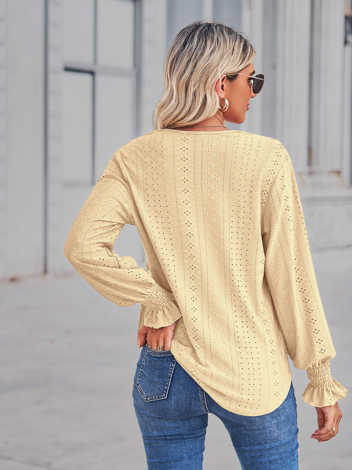 V-Neck Eyelet Flounce Sleeve Blouse – Trendsi | ClozArt