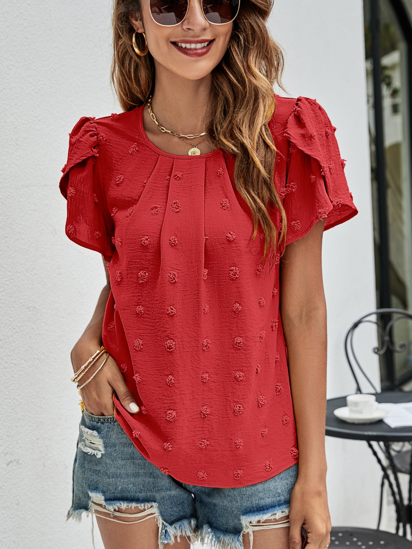Swiss Dot Round Neck Petal Sleeve Top – Trendsi | ClozArt
