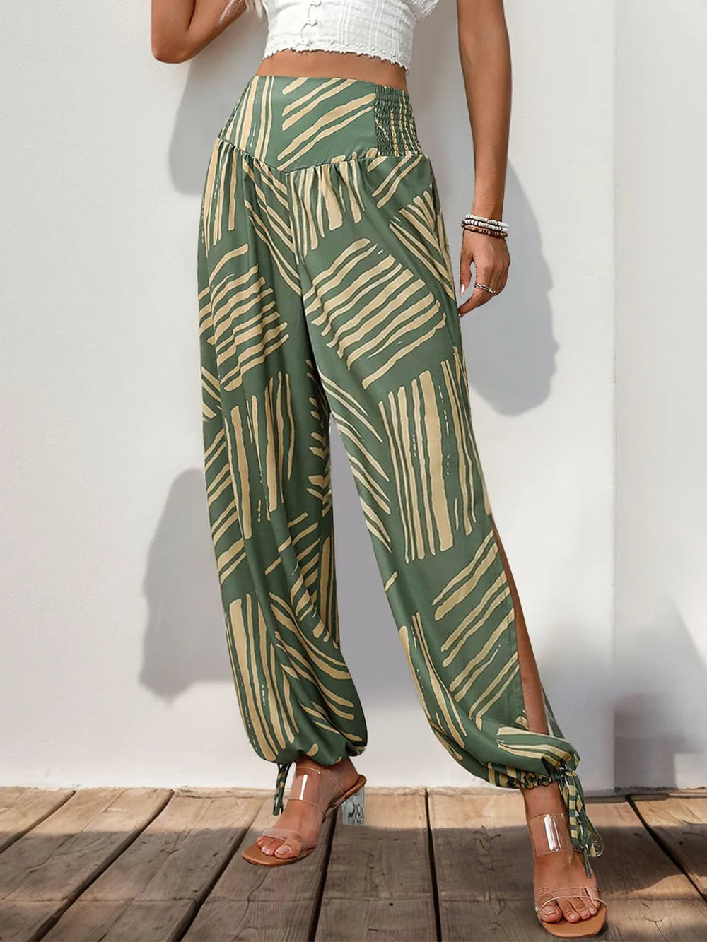Perfee Smocked Slit Printed High Waist Pants – Trendsi | ClozArt