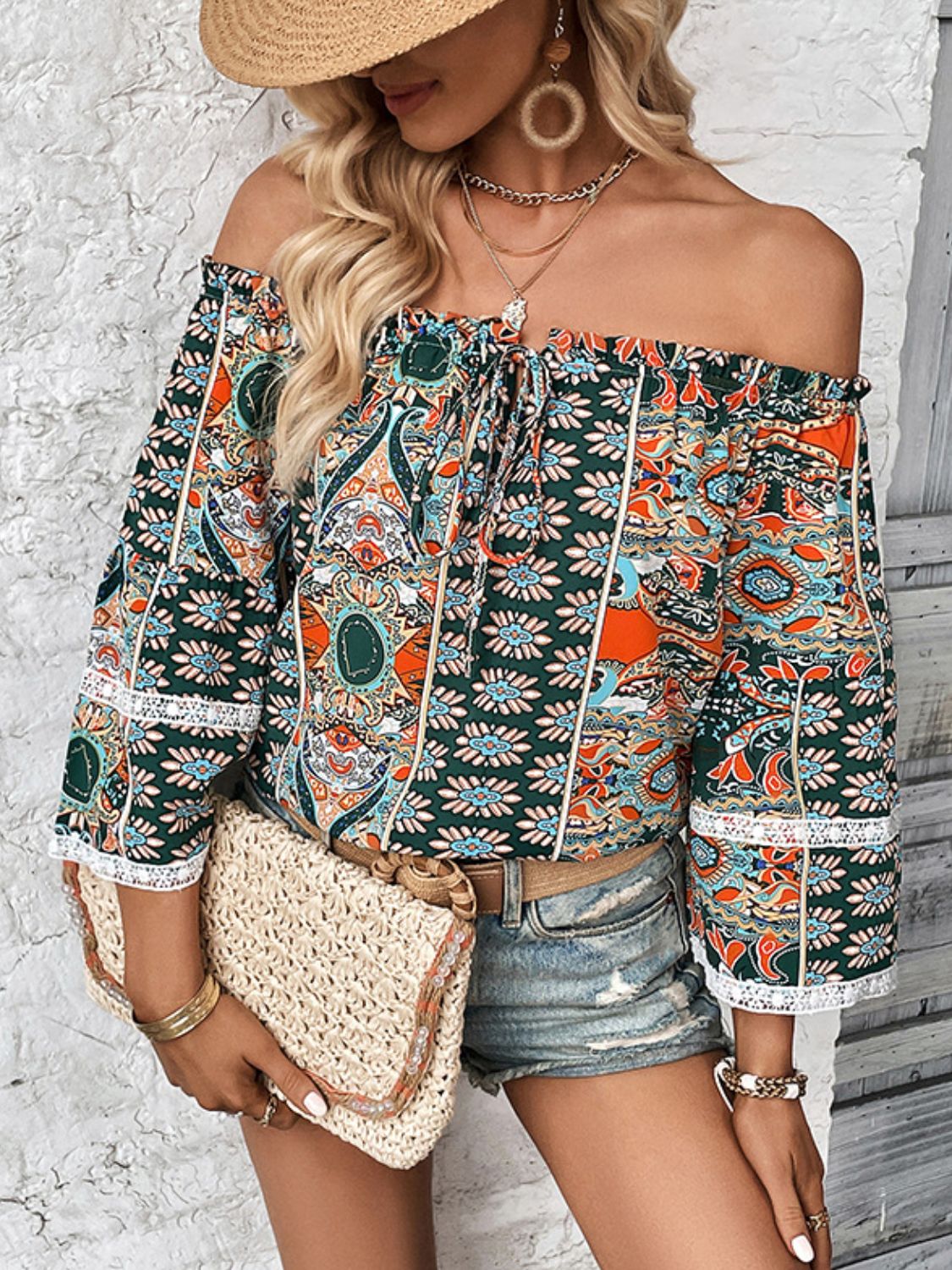 Perfee Printed Frill Trim Off-Shoulder Blouse – Trendsi | ClozArt