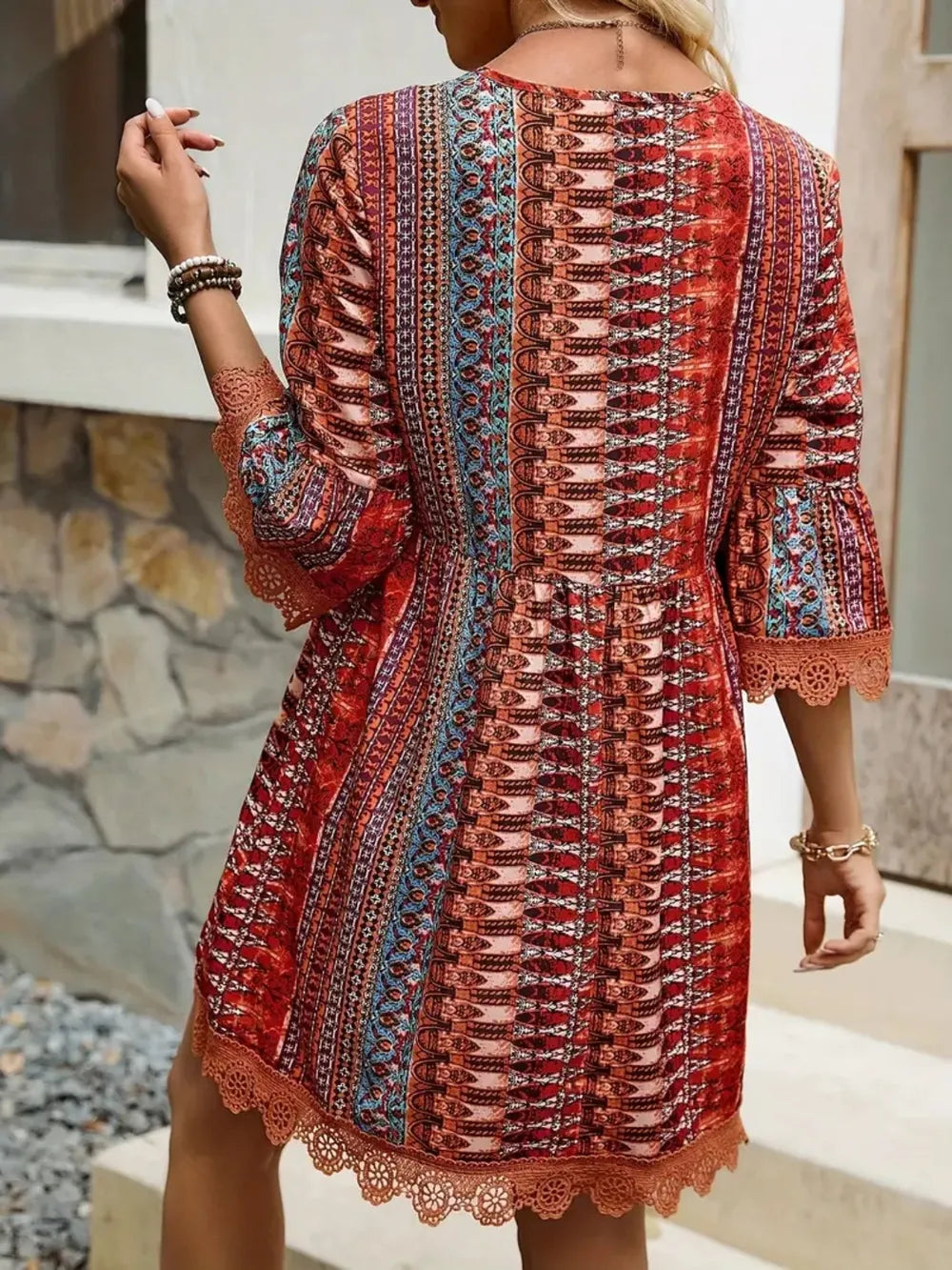 Lace Trim Printed V-Neck 3/4 Sleeve Dress – Trendsi | ClozArt