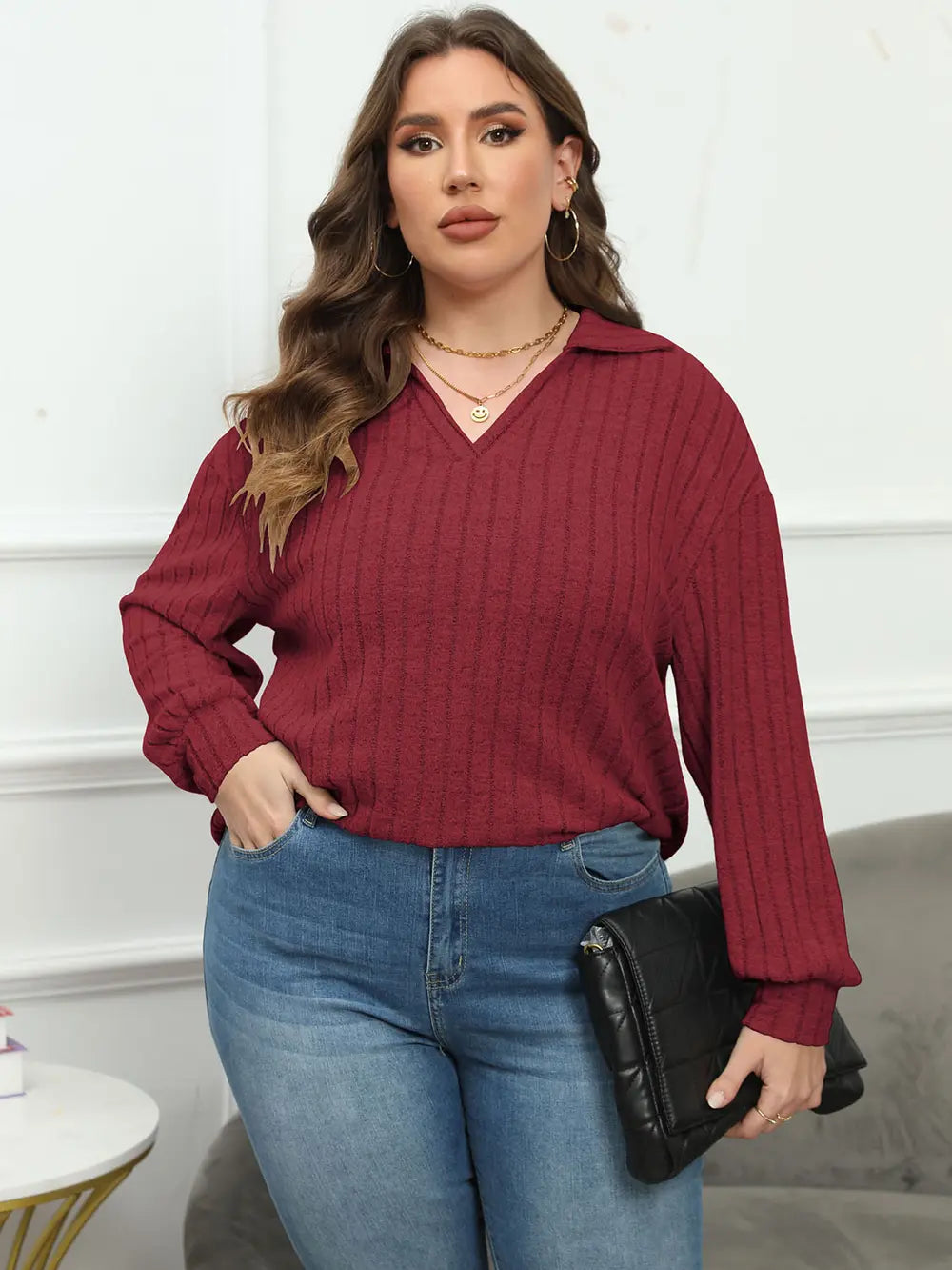 Plus Size Ribbed Collared Neck Long Sleeve Blouse – Trendsi | ClozArt