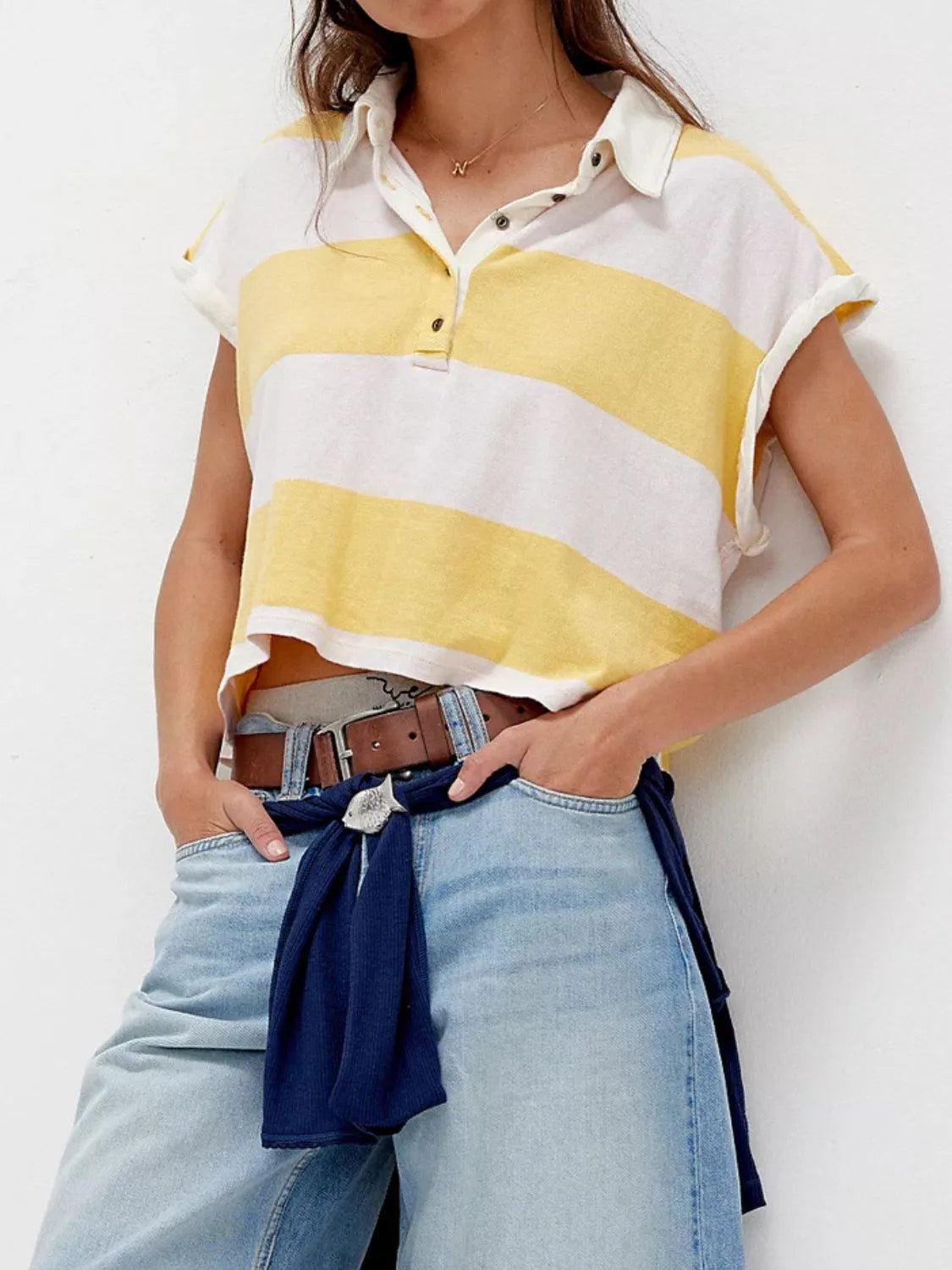 Striped Collared Neck Short Sleeve Top – Trendsi | ClozArt