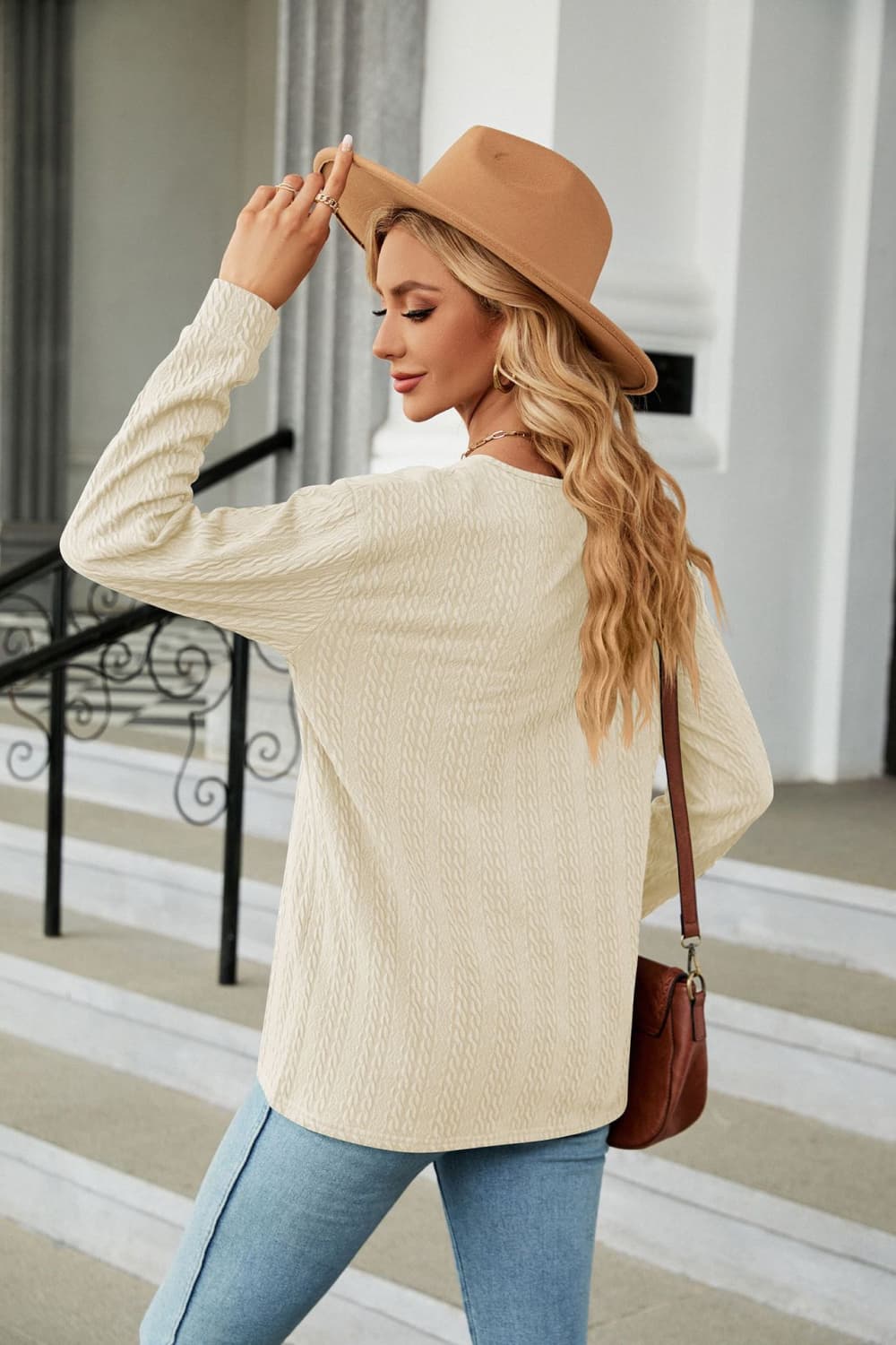 Decorative Button V-Neck Long Sleeve T-Shirt – Trendsi | ClozArt