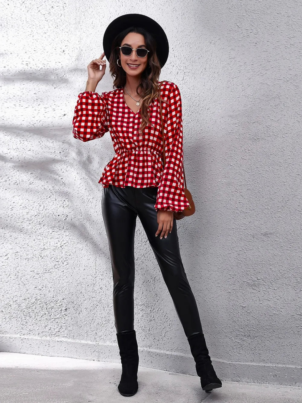Plaid V-Neck Balloon Sleeve Peplum Blouse – Trendsi | ClozArt