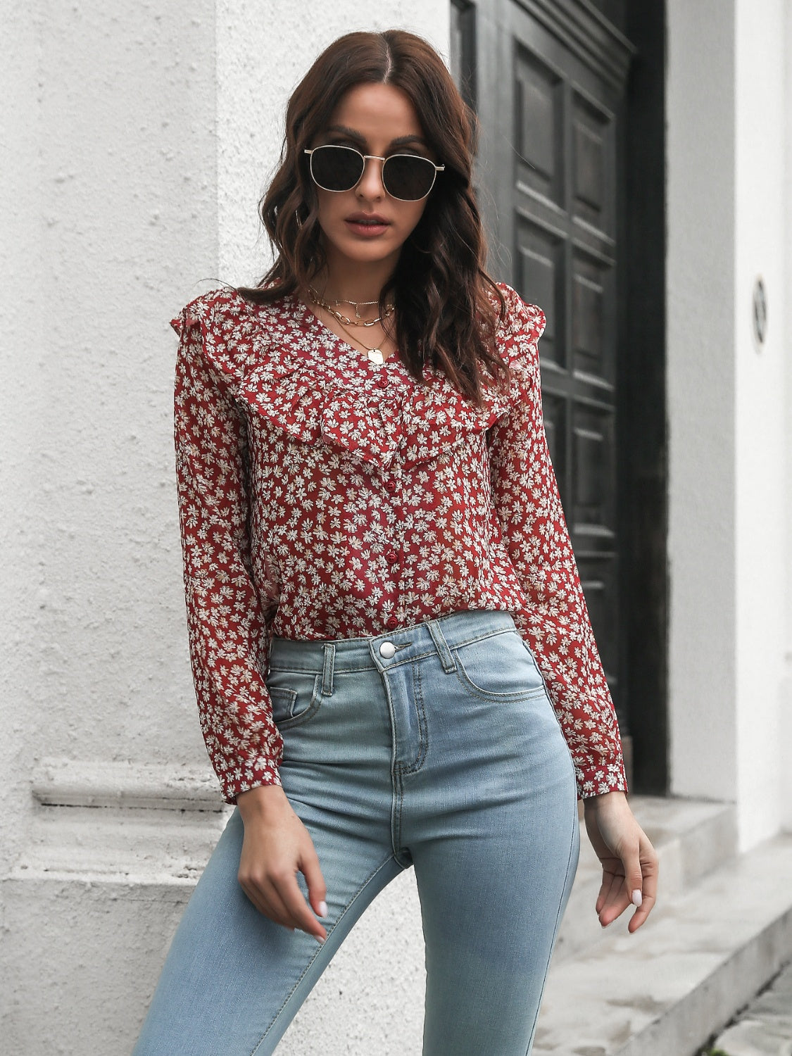 Printed Statement Collar Long Sleeve Blouse – Trendsi | ClozArt