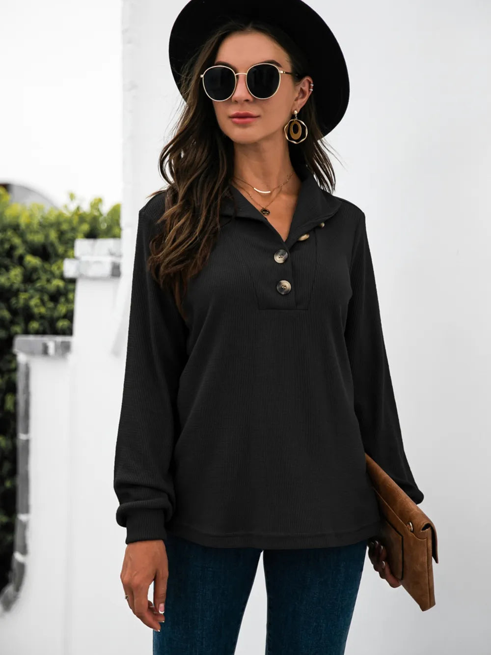Half Button Long Sleeve T-Shirt – Trendsi | ClozArt