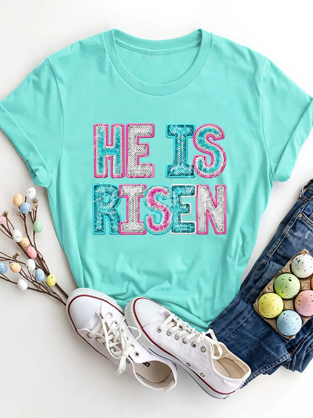 HE IS RISEN Sequin Round Neck T-Shirt – Trendsi | ClozArt
