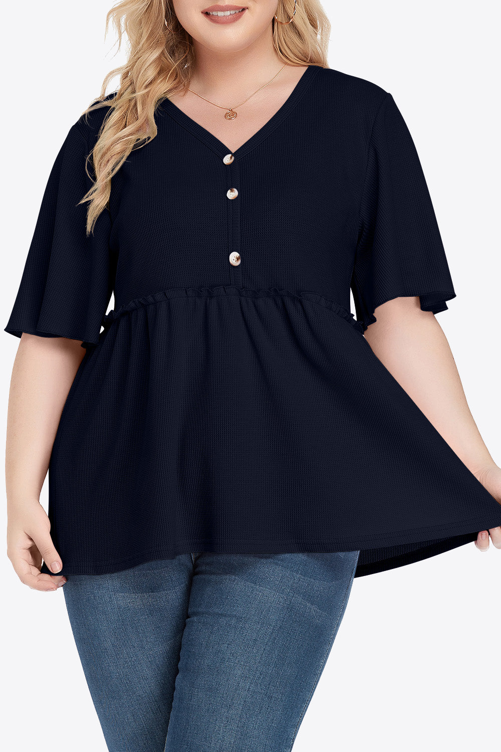 Plus Size Buttoned V-Neck Frill Trim Babydoll Blouse – Trendsi | ClozArt