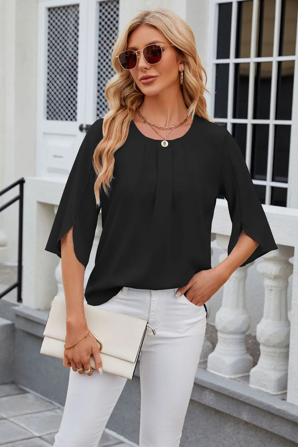 Round Neck Slit Half Sleeve Top – Trendsi | ClozArt