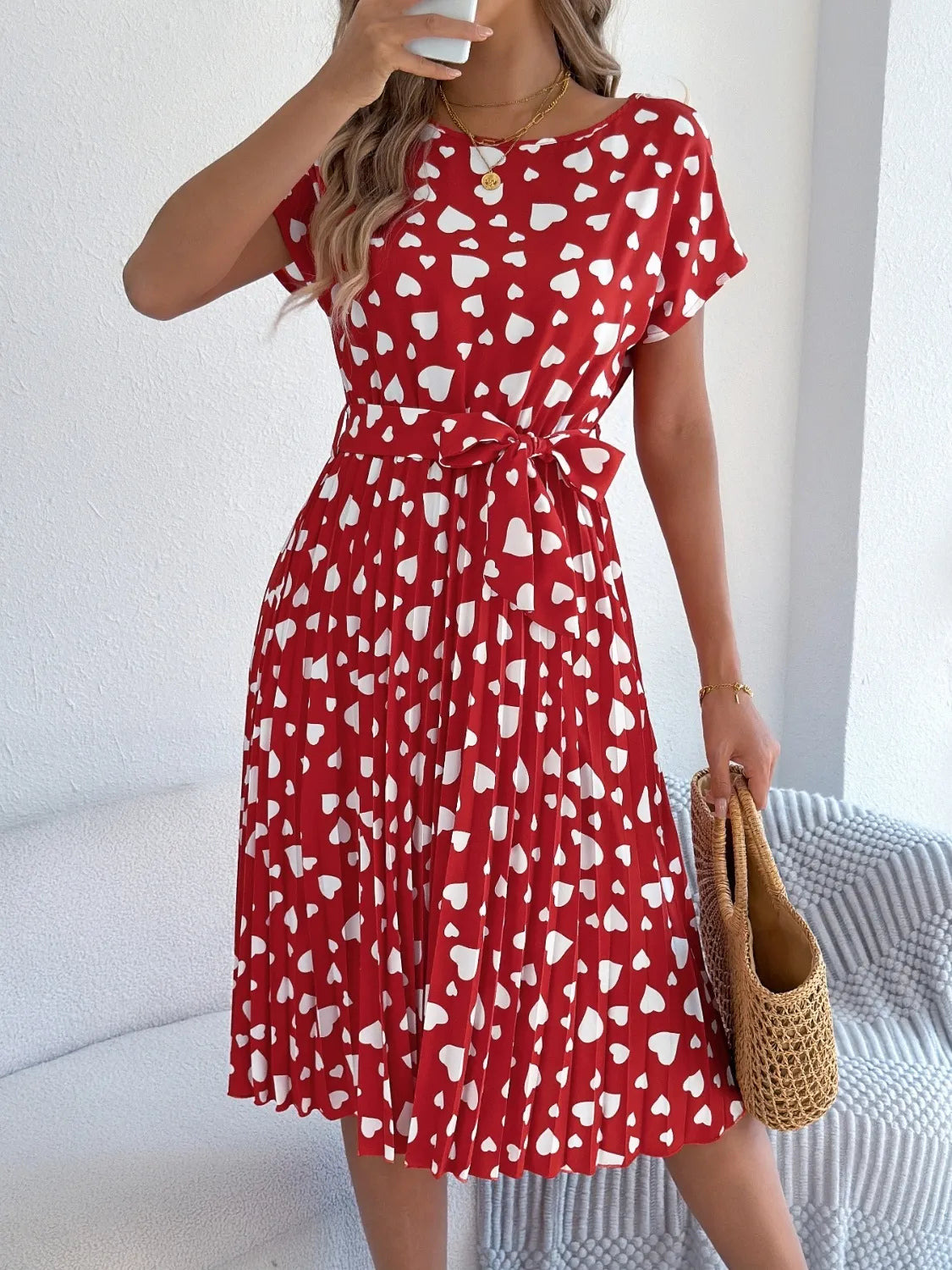 Heart Print Short Sleeve Tie Waist Dress – Trendsi | ClozArt