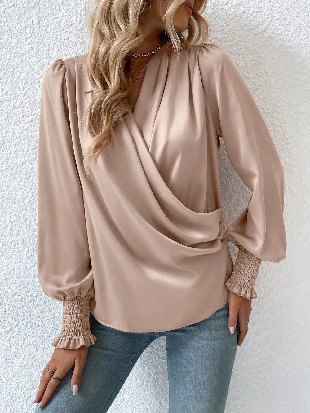 Surplice Smocked Lantern Sleeve Blouse – Trendsi | ClozArt