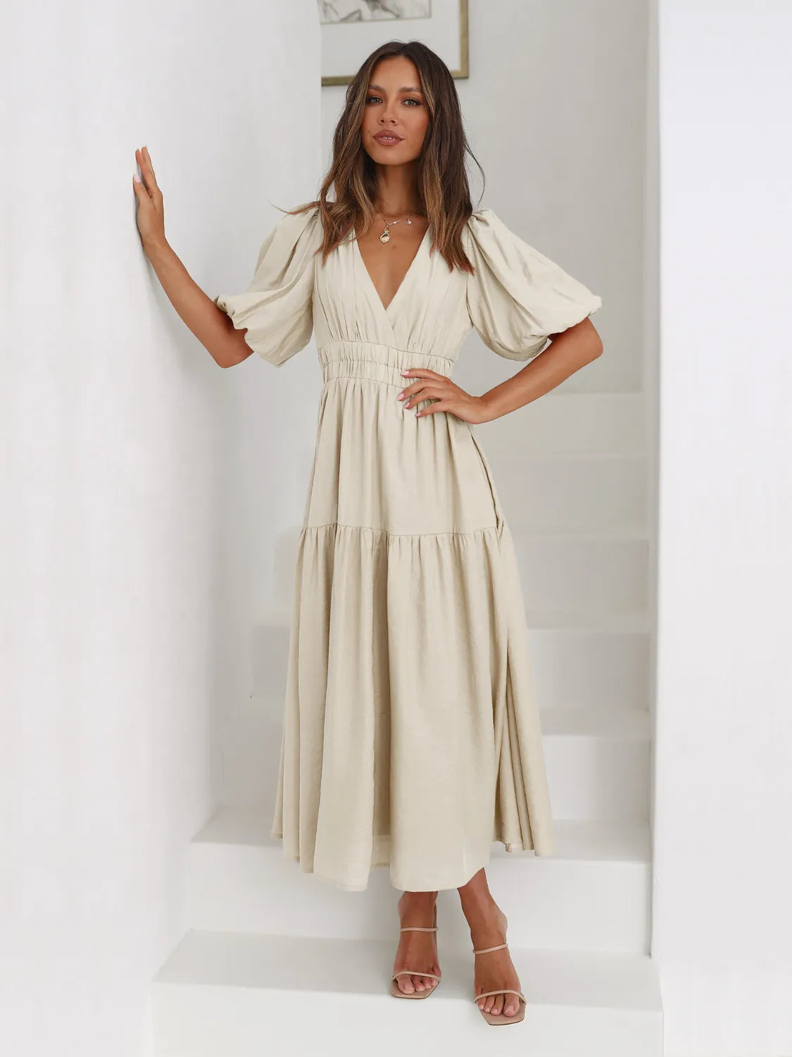 Tiered Surplice Half Sleeve Midi Dress – Trendsi | ClozArt