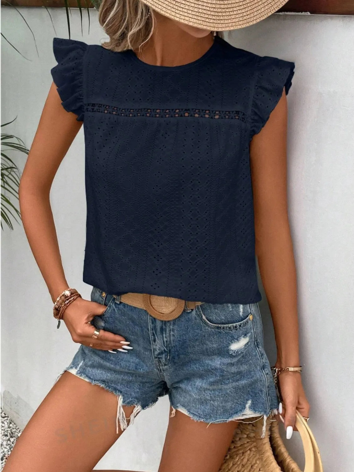 Eyelet Round Neck Cap Sleeve Top – Trendsi | ClozArt