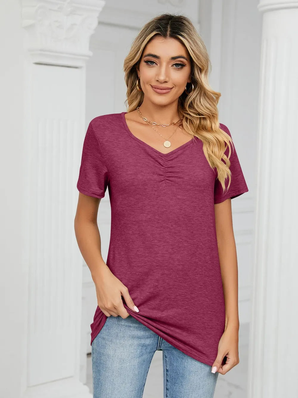 Ruched V-Neck Short Sleeve T-Shirt – Trendsi | ClozArt